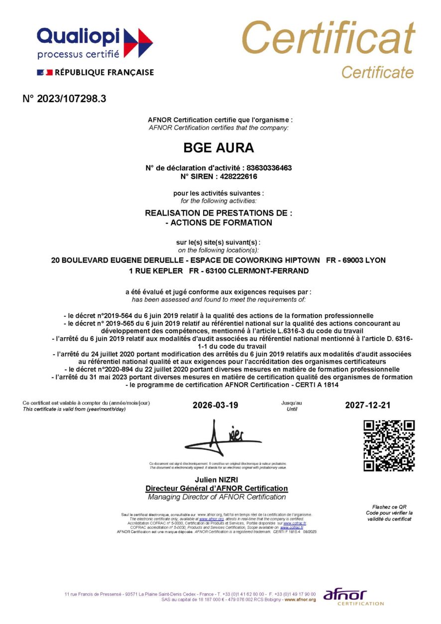 certificat qualiopi BGE Aura